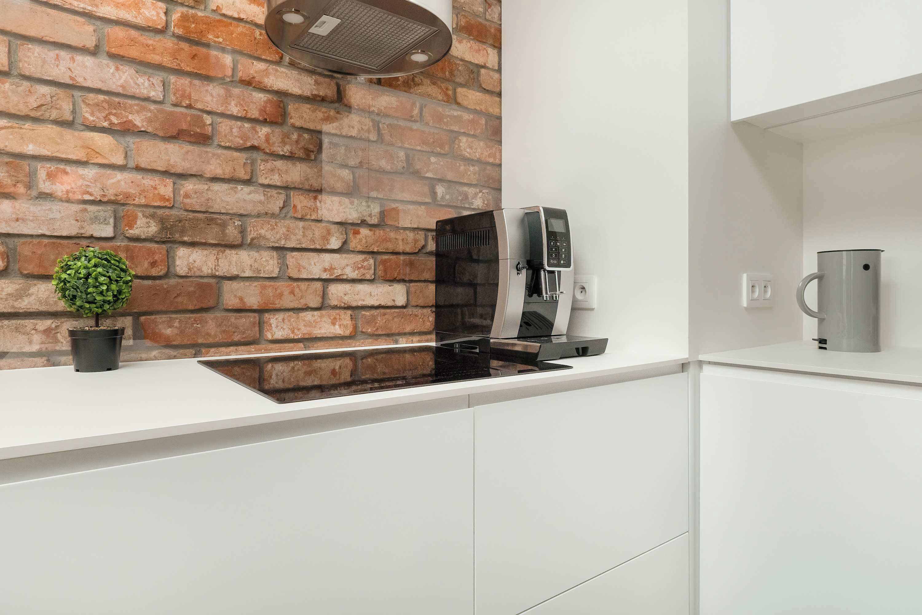 A kitchen with a brick wall, a coffee machine, and a potted plant.