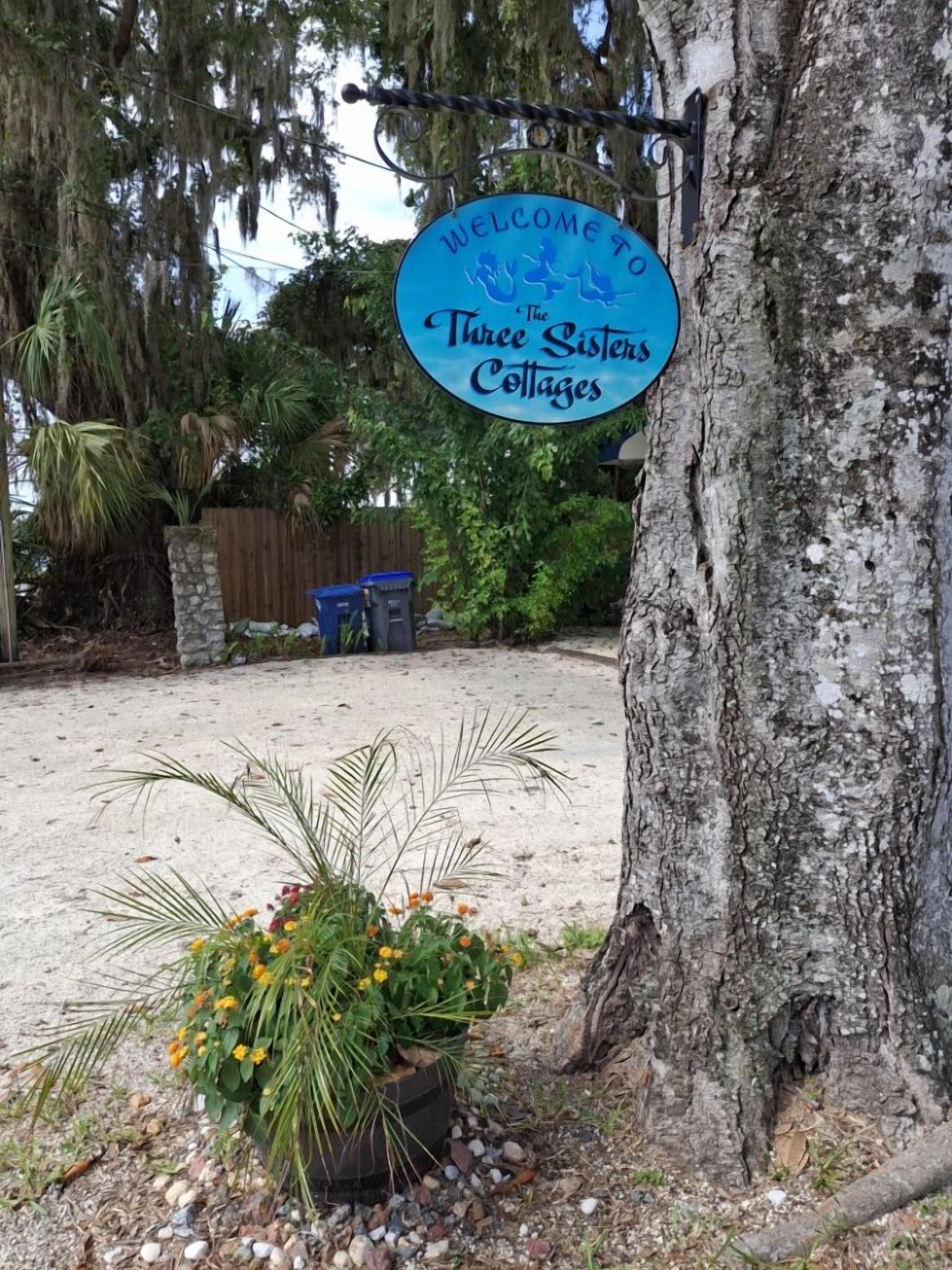 Cartell de benvinguda per a 'The Three Sisters Cottages', amb un arbre i una jardiniera amb flors grogues.