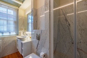 Shower, hair dryer, towels
