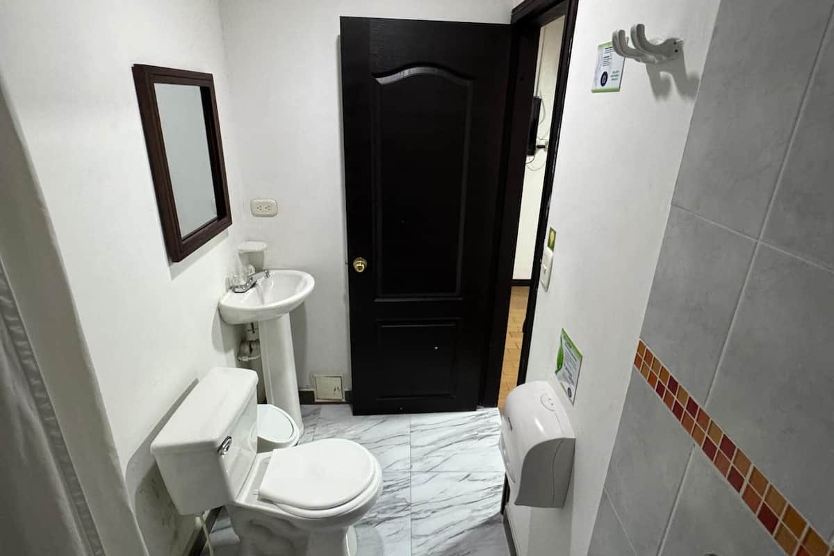 Shower, towels, soap, toilet paper