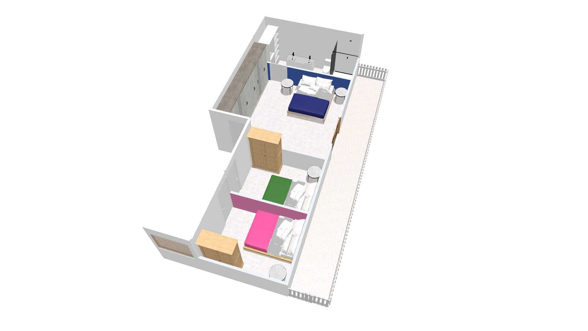 Modello 3D di una camera d'albergo con un letto, una scrivania, una sedia, un armadio e un bagno.