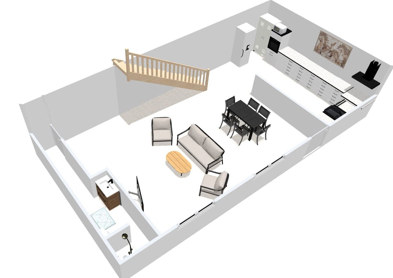 A 3D floor plan of a hotel room with a balcony, a dining area, a kitchen, and a bathroom.