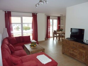 TV, fireplace, books