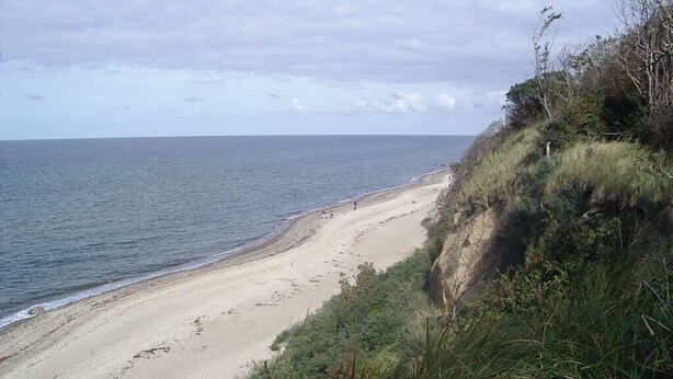 Une plage avec un rivage sablonneux et des falaises recouvertes d’herbe.