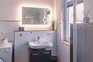 Shower, hair dryer, toilet paper