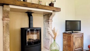 A stone fireplace with a black wood stove, a wooden cabinet with a television, and a vase with dried plants. - Clos du Haut Gallion, An authentic haven of peace (Saint-Cyr)