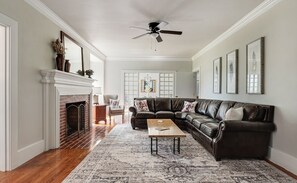 Smart TV, fireplace, books