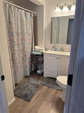 Secador de pelo, toallas, jabón, shampoo