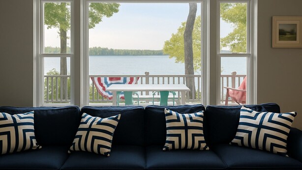Una sala de estar con un sofá azul oscuro, tres ventanas y vista a un lago con un muelle y una mesa con sillas.
