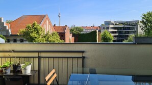A rooftop terrace with a glass table, a wooden chair, and potted plants.