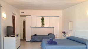 A bedroom with a bed, a TV, a desk, and a wardrobe.
