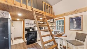 A loft-style room with a wooden ladder leading to a lofted sleeping area.