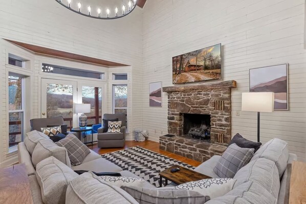 TV, fireplace, books