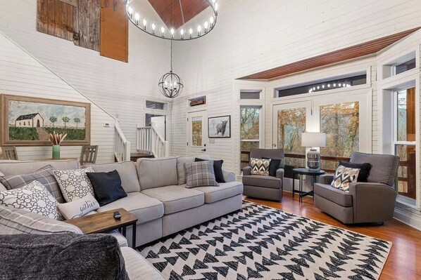 TV, fireplace, books