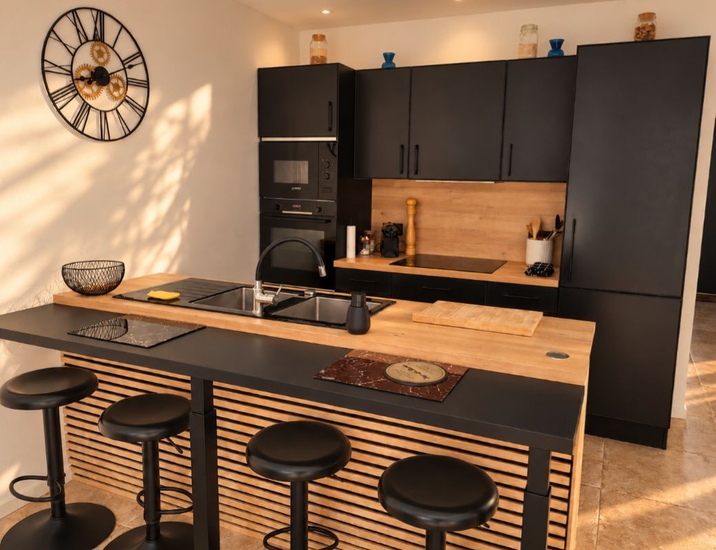 Een moderne keuken met zwarte kastjes, een houten aanrecht en een bar met krukken.