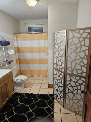 Hair dryer, towels, soap, toilet paper