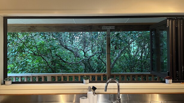Una cocina con un ventanal que da a un bosque verde y frondoso.