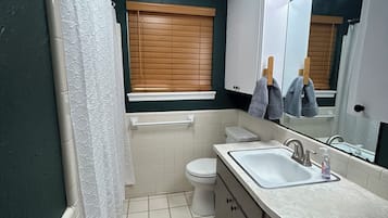 Hair dryer, towels, soap, shampoo