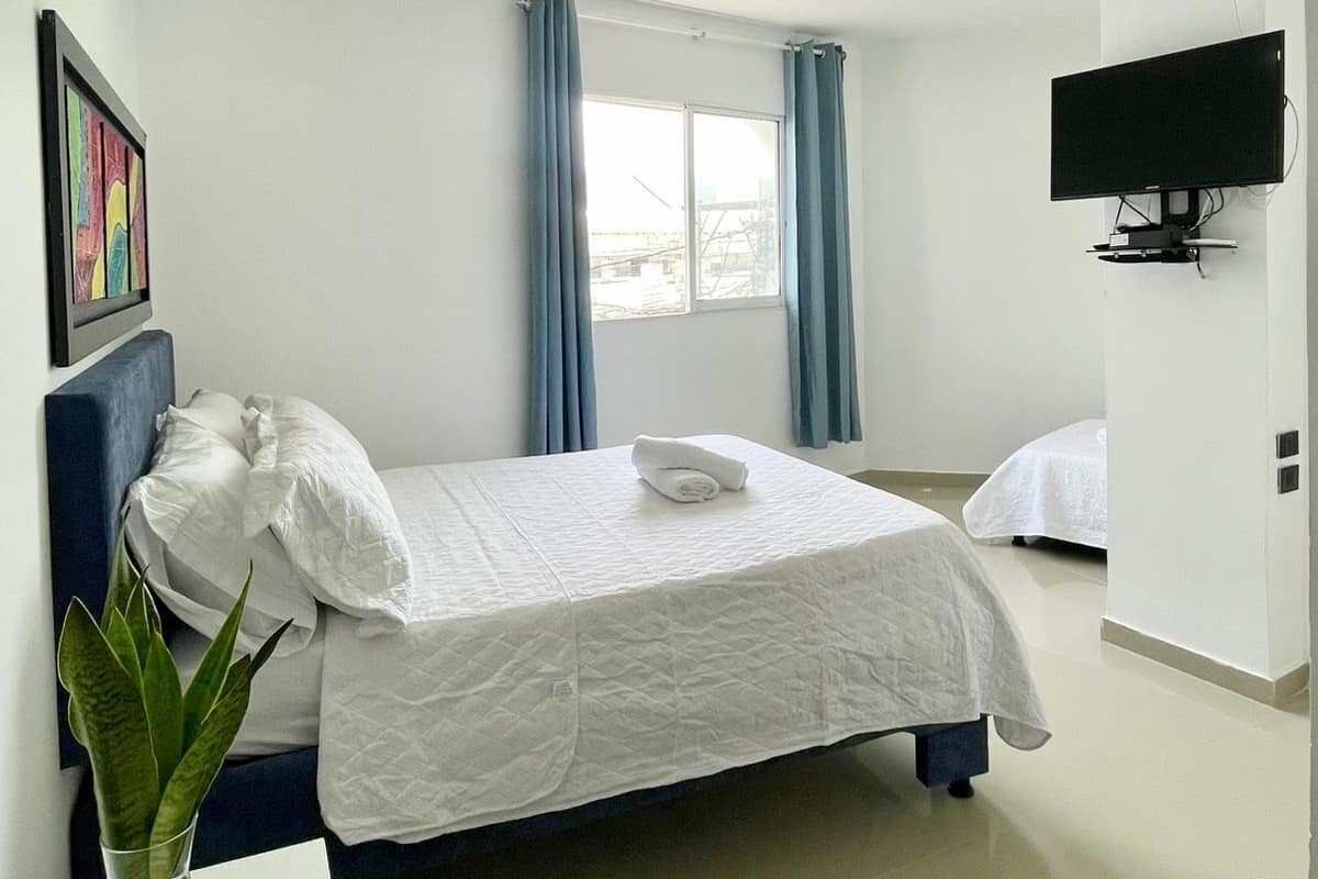 A hotel room with a bed, a TV mounted on the wall, a window with curtains, and a plant on a table.