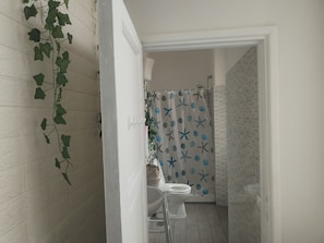 Douche, sèche-cheveux, serviettes fournies, savon