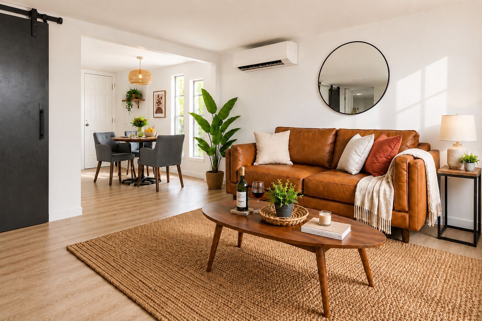 A modern living room with a brown leather sofa, a round mirror, a dining area with a table and chairs, and a large potted plant.