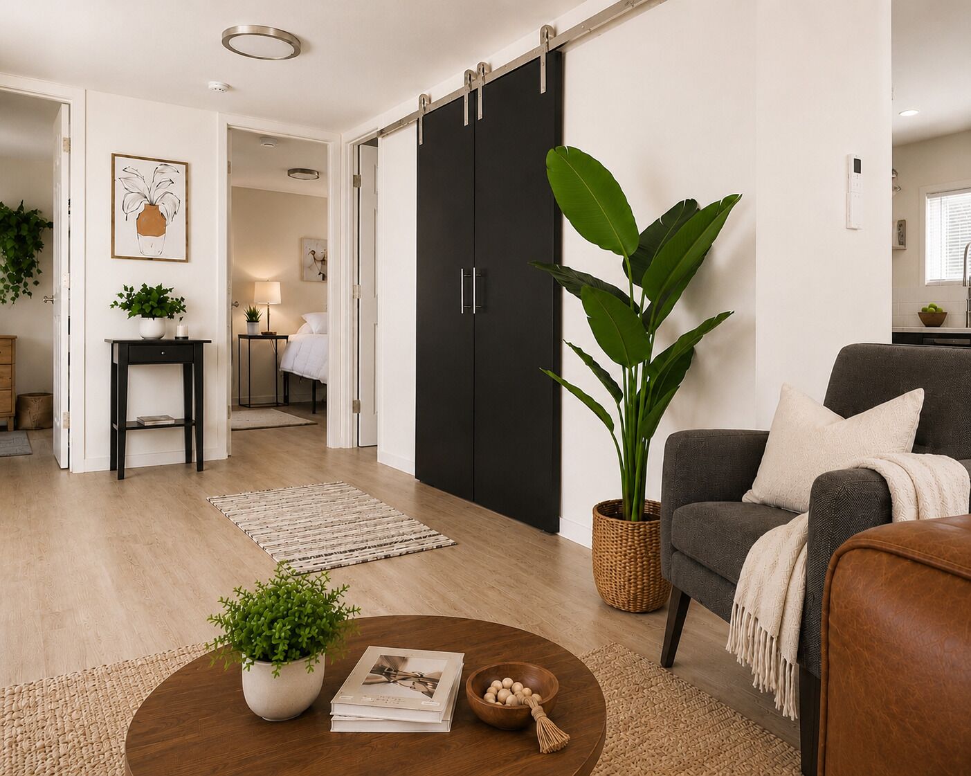 A modern living room with a sofa, a coffee table with a plant and books, a large potted plant, and a sliding door closet.