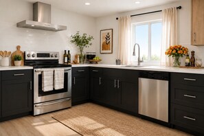 Coffee/tea maker, fridge, microwave, oven