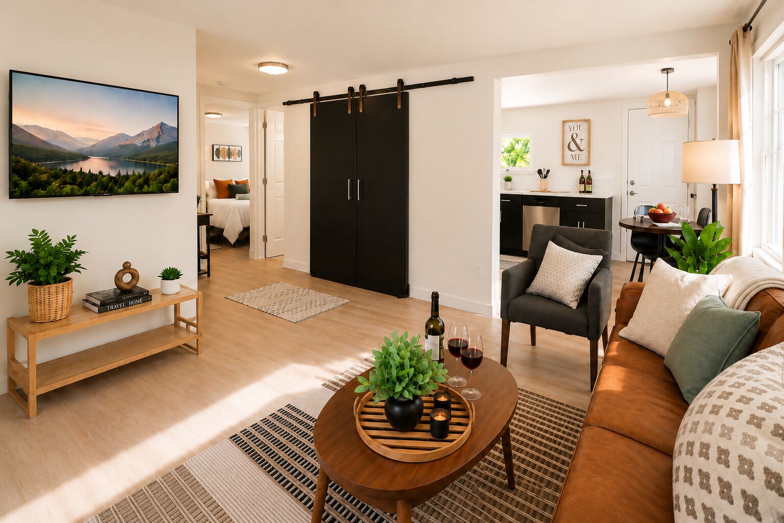 Un salon moderne avec un canapé, une table basse et un placard à portes coulissantes.