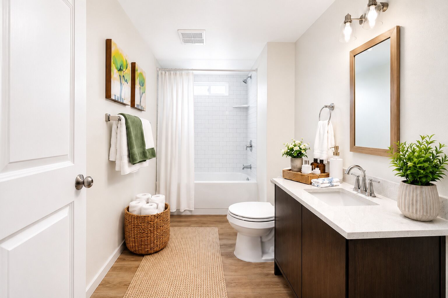 Une salle de bain moderne avec une baignoire, des toilettes et un lavabo. On y trouve des serviettes et des articles de toilette sur le comptoir.