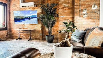 TV, fireplace, foosball