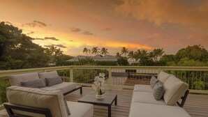 A deck with two sofas, a coffee table, and a potted orchid.