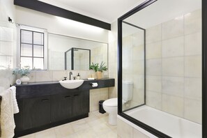 Hair dryer, towels, soap, toilet paper