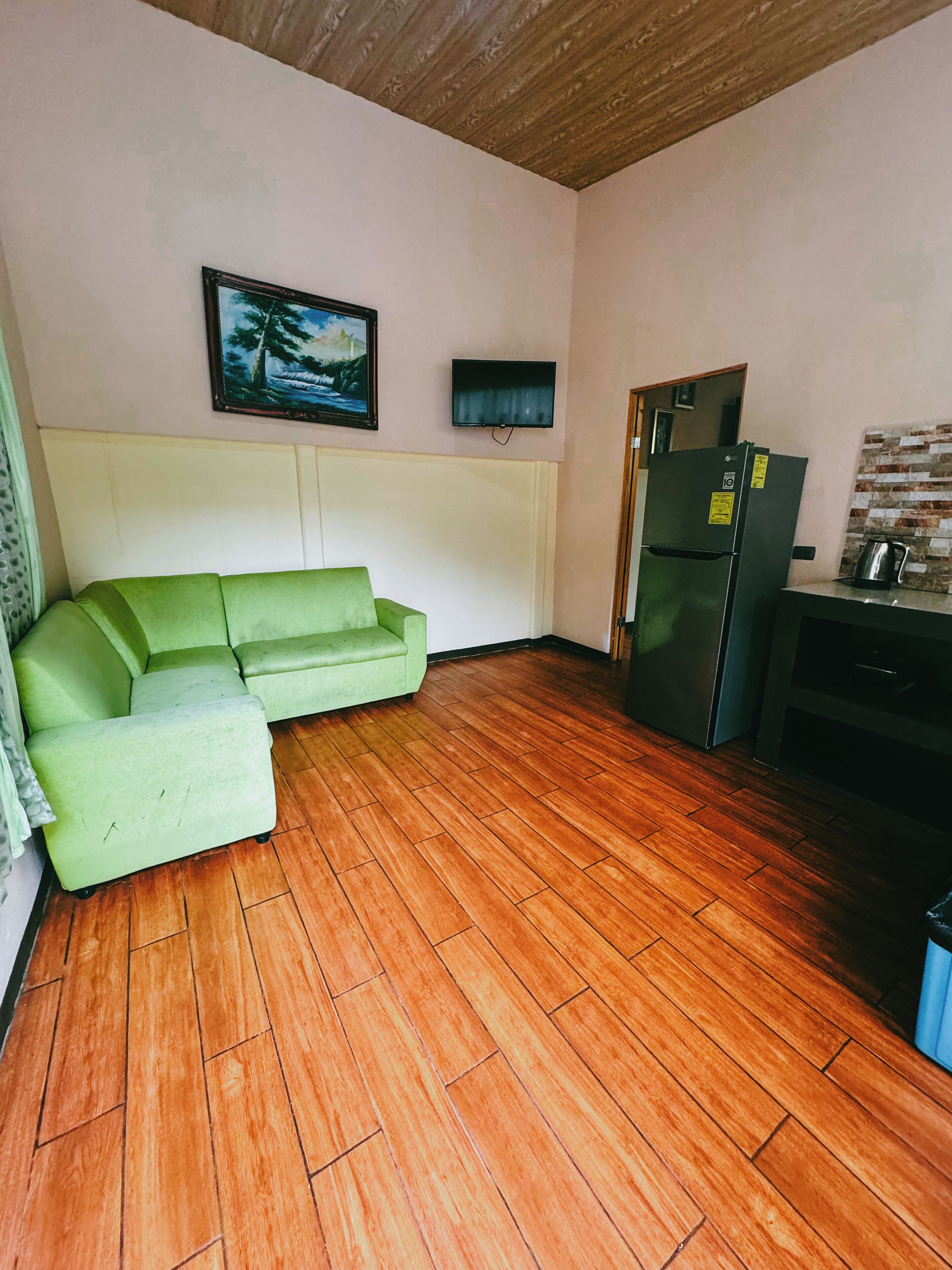 A compact living space with a green sofa, a flat-screen TV, a refrigerator, and a wooden floor.
