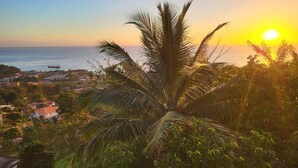 A sunset view with palm trees and a coastal town in the background. - 3-bedroom house in the Nature Isle, Canefield, Dominica (Canefield)