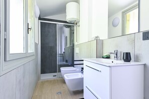 Shower, hair dryer, bidet, towels