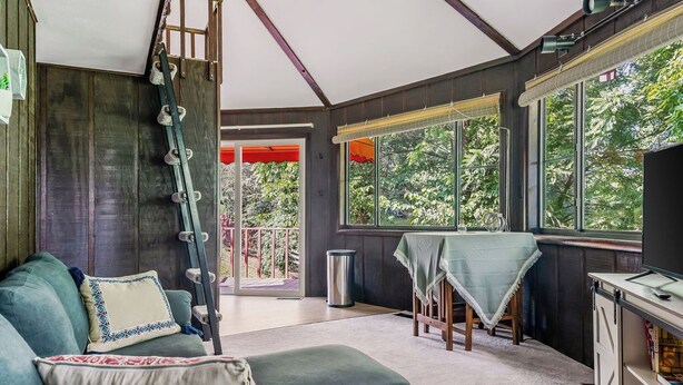 A cozy room with a sofa, a table, and a TV. There is a window with a view of trees and a door leading outside.