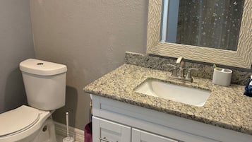 Shower, towels, soap, toilet paper