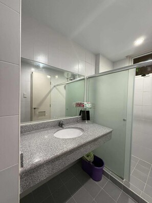 Secadora de cabello, toallas, jabón, papel de baño
