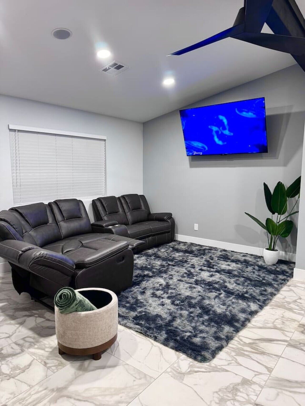 Een moderne woonkamer met een hoekbank, een flatscreen televisie, een potplant en een kamerkleed met een patroon.