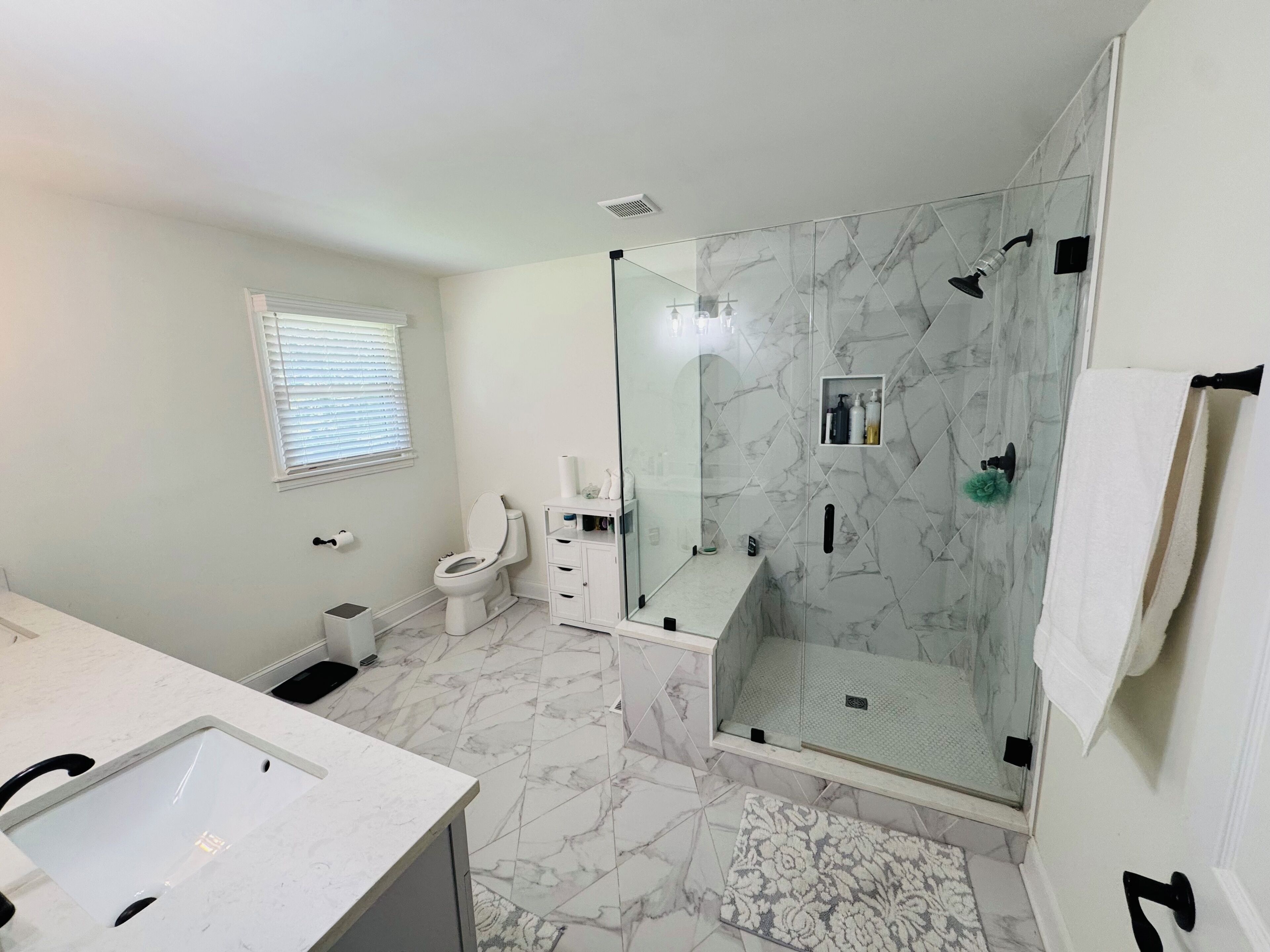 Hair dryer, bidet, towels, soap