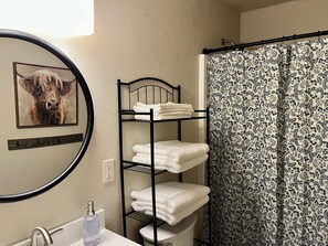 Ducha, secador de pelo, toallas y jabón