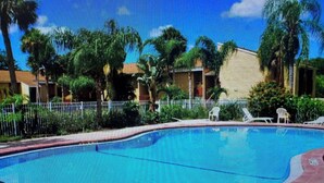 A swimming pool with a 6ft depth, surrounded by palm trees and a fence. - Great 2 BR Condo, 7 minutes to Siesta Key (Sarasota)