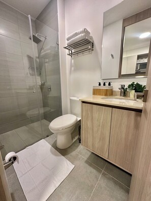 Shower, soap, toilet paper