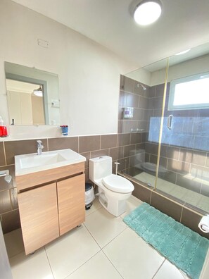 Hair dryer, towels, soap, shampoo