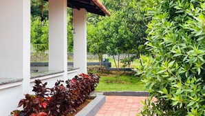 Zona exterior coberta amb un edifici blanc, teulada vermella i jardí amb diferents plantes.