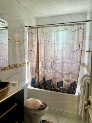 Hair dryer, towels, soap, toilet paper