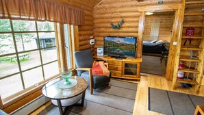 A cozy cabin interior with a television, seating area, and a view of the outdoors.