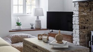 Un salon moderne doté d’un grand téléviseur à écran plat, d’une cheminée en pierre, d’une table basse en osier et d’un canapé confortable.