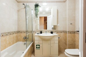 Hair dryer, bidet, towels, soap
