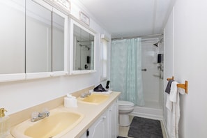 Shower, hair dryer, towels, soap